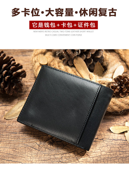 Men's Short Wallet Cowhide Genuine Leather RFID Card Holder Retro Men's Wallet Card Bag 