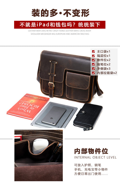 Men's Shoulder Bag Made of Genuine Cowhide Leather High Quality Vintage Large Capacity Men's Crossbody Bag Briefcase 