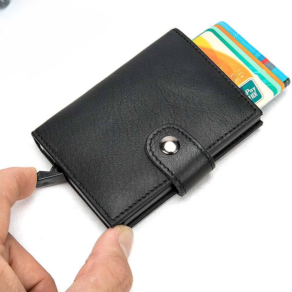 Men's wallet cowhide genuine leather aluminum alloy automatic pop-up RFID anti-theft brush personality business card holder card bag for men 