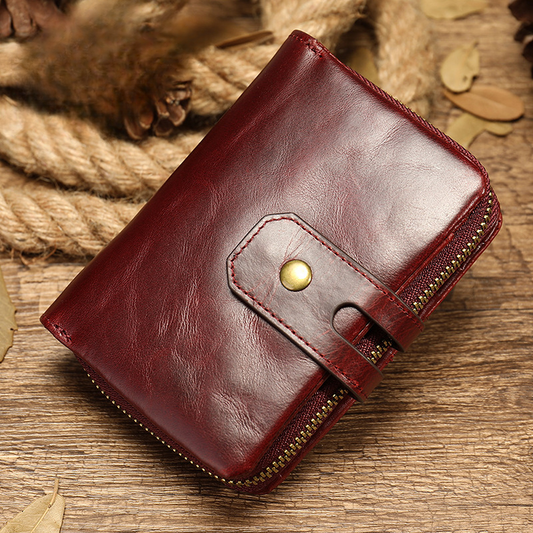 Men's short wallet, genuine cowhide leather, retro coin purse, anti-theft brush, zipper, unisex card bag 