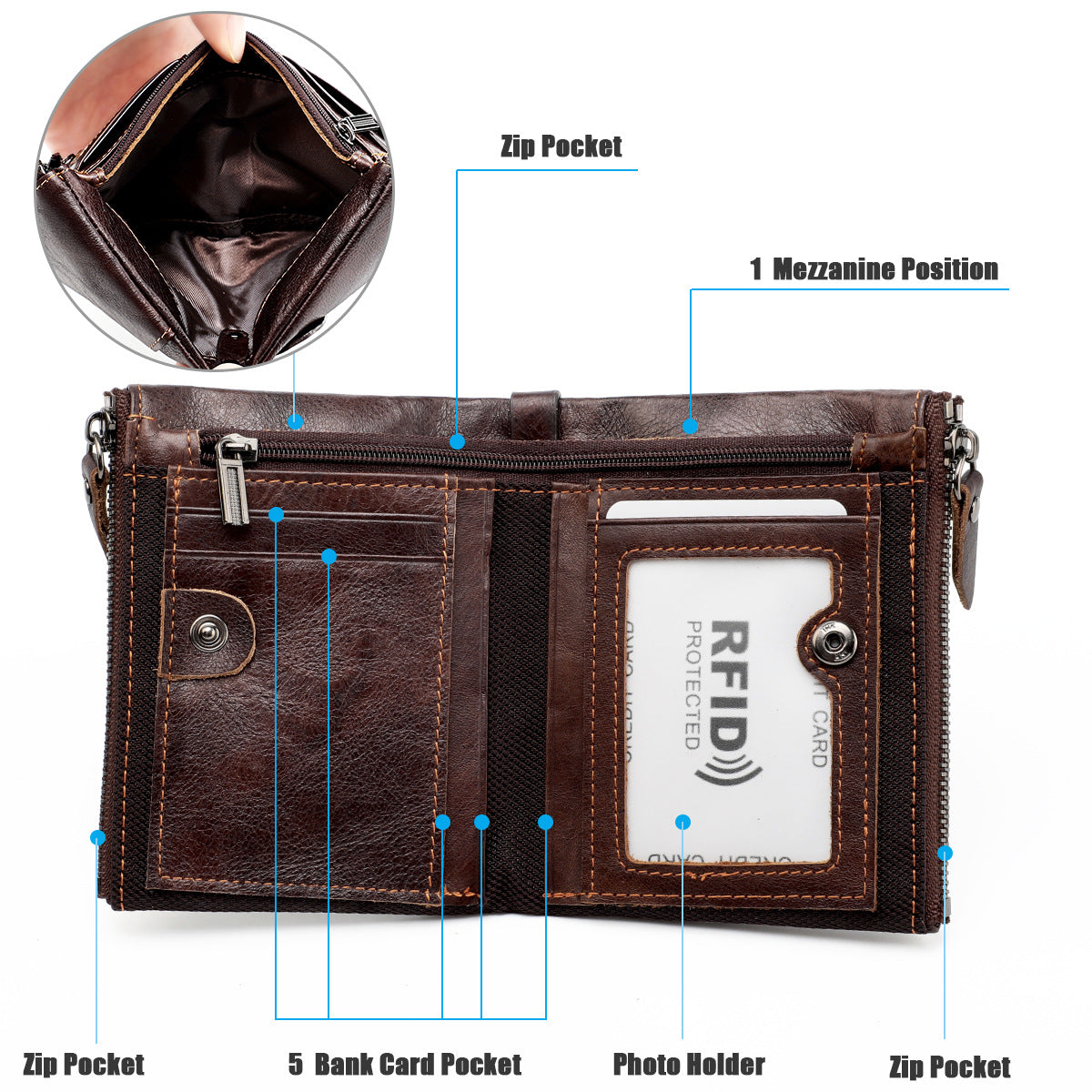 Men's short wallet, genuine cowhide leather, fashion clutch bag, RFID anti-theft coin purse, multi-functional men's wallet 