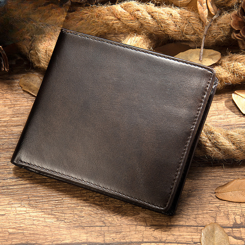 Men's short wallet genuine cowhide leather retro bi-fold card holder RFID anti-magnetic card bag 