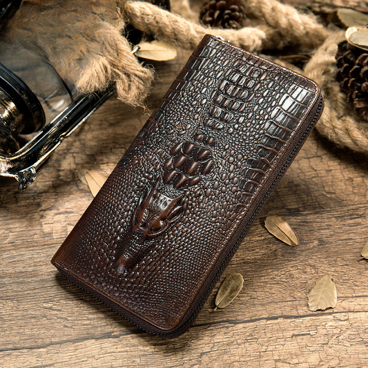 Men's Long Wallet Retro Crocodile Crest Cow Leather Card Holder Anti-Theft Brush RFID Men's Clutch Bag 