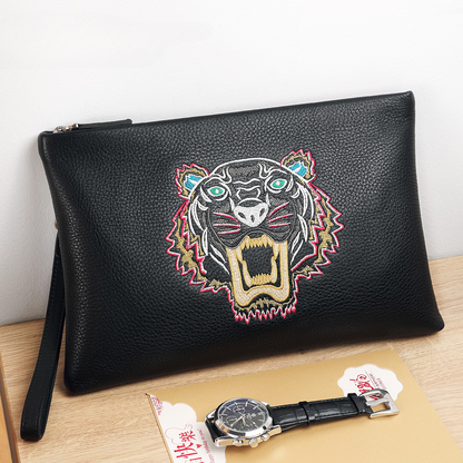 Men's Clutch Bag Genuine Cowhide Leather Casual Fashion Tiger Head Embroidery Men's Handbag 