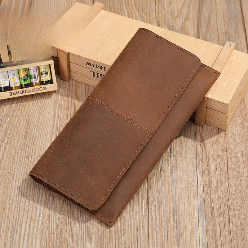 Men's long wallet, genuine cowhide leather, zipper, thin business card holder, wallet for men 