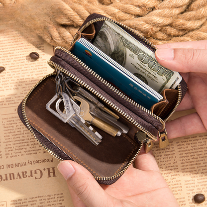 Men's Wallet Portable Cowhide Car Key Wallet Zipper Retro DIY Men's Wallet Handbag 