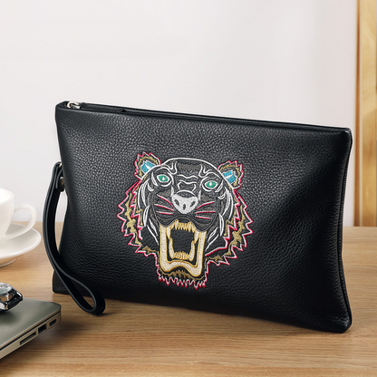 Men's Clutch Bag Genuine Cowhide Leather Casual Fashion Tiger Head Embroidery Men's Handbag 