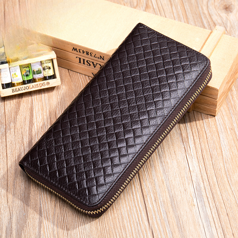 Men's long wallet made of cowhide genuine leather fashion plaid card holder zipper large capacity clutch bag men's wallet 