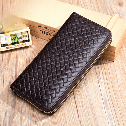 Men's long wallet made of cowhide genuine leather fashion plaid card holder zipper large capacity clutch bag men's wallet 