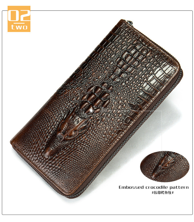 Men's Long Wallet Retro Crocodile Crest Cow Leather Card Holder Anti-Theft Brush RFID Men's Clutch Bag 