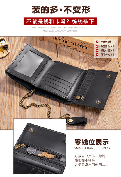 Men's short wallet made of genuine cowhide leather, retro chain, multi-functional, tri-fold, anti-theft, wallet for men 