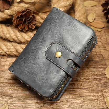 Men's short wallet, genuine cowhide leather, retro coin purse, anti-theft brush, zipper, unisex card bag 