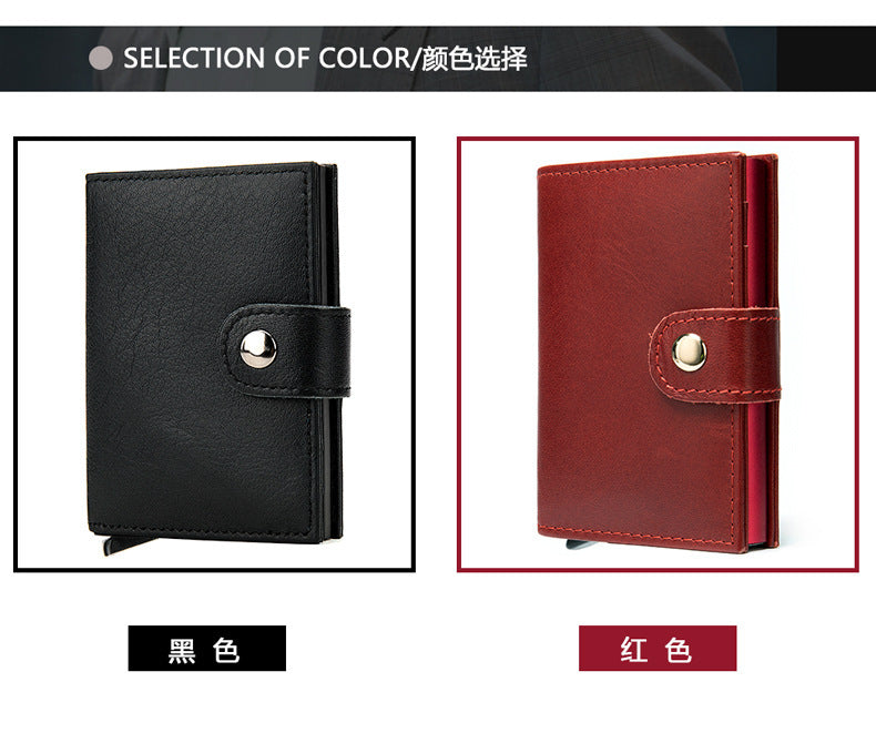 Men's wallet cowhide genuine leather aluminum alloy automatic pop-up RFID anti-theft brush personality business card holder card bag for men 