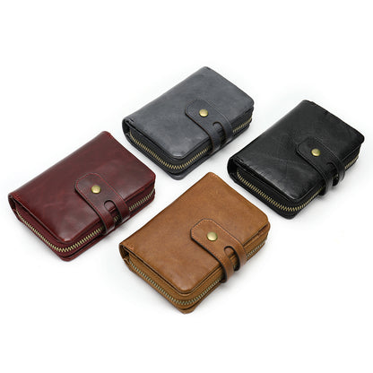 Men's short wallet, genuine cowhide leather, retro coin purse, anti-theft brush, zipper, unisex card bag 