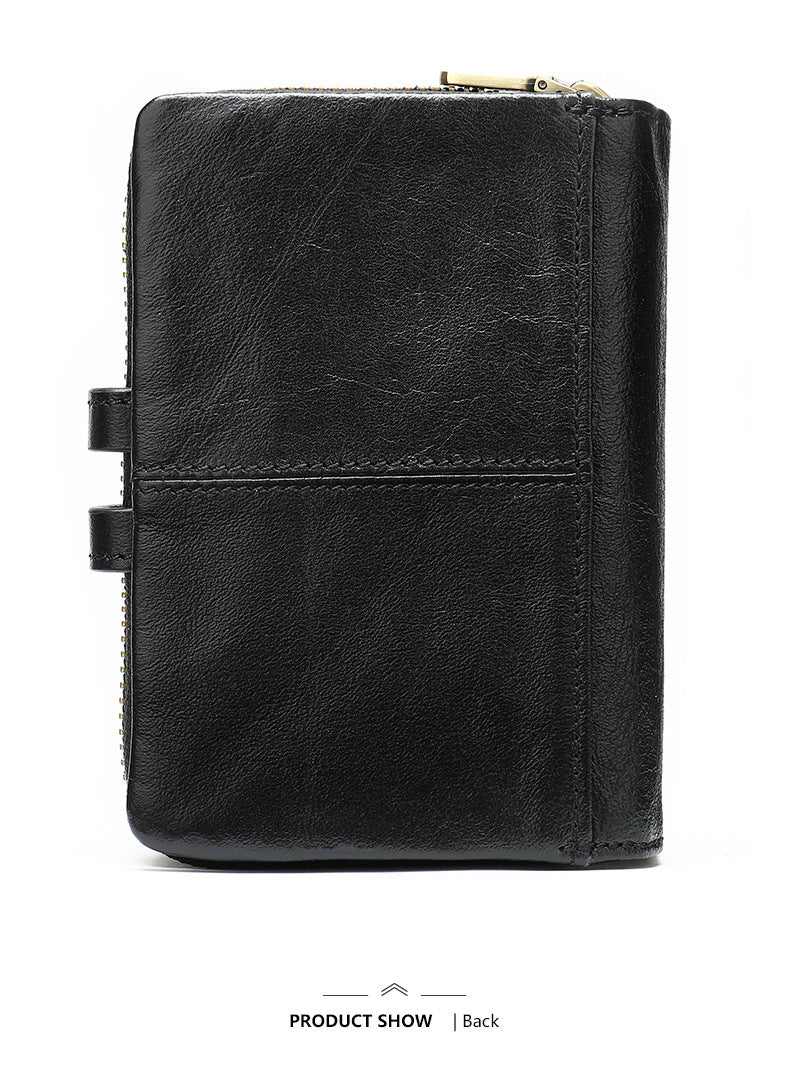 Men's short wallet, genuine cowhide leather, retro coin purse, anti-theft brush, zipper, unisex card bag 