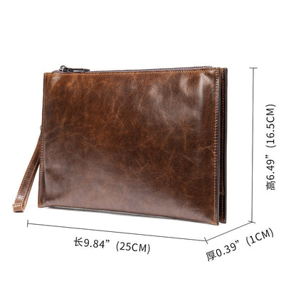 Men's Clutch Bag Genuine Cowhide Leather Handbag Business Vintage Men's Wrist Bag 