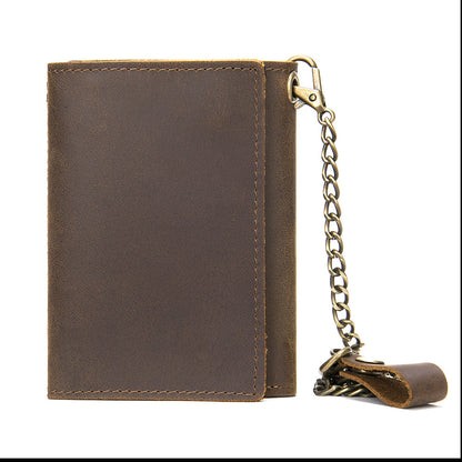 Men's short wallet made of genuine cowhide leather, retro chain, multi-functional, tri-fold, anti-theft, wallet for men 