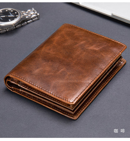 Men's Short Wallet Genuine Cowhide Leather RFID Anti-Theft Card Bag Retro Men's Wallet 