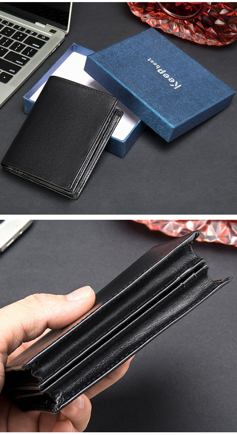 Men's Short Wallet Genuine Cowhide Leather RFID Anti-Theft Card Bag Retro Men's Wallet 