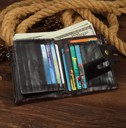 Men's short wallet, genuine cowhide leather, retro zipper, card holder, rfid anti-theft, large capacity, handbag for men 