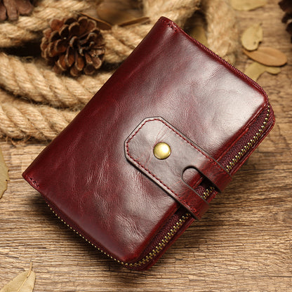 Men's short wallet, genuine cowhide leather, retro coin purse, anti-theft brush, zipper, unisex card bag 