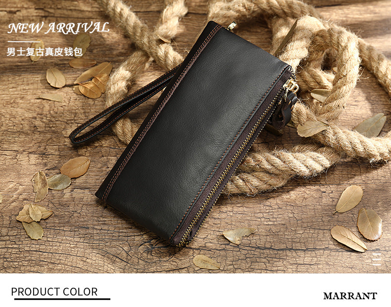 Men's long wallet made of genuine cowhide leather OL commuting large capacity zipper clutch bag 