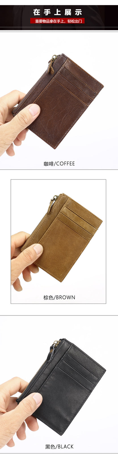 Men's wallet made of genuine cowhide leather, portable coin purse, anti-theft brush, card bag for men 