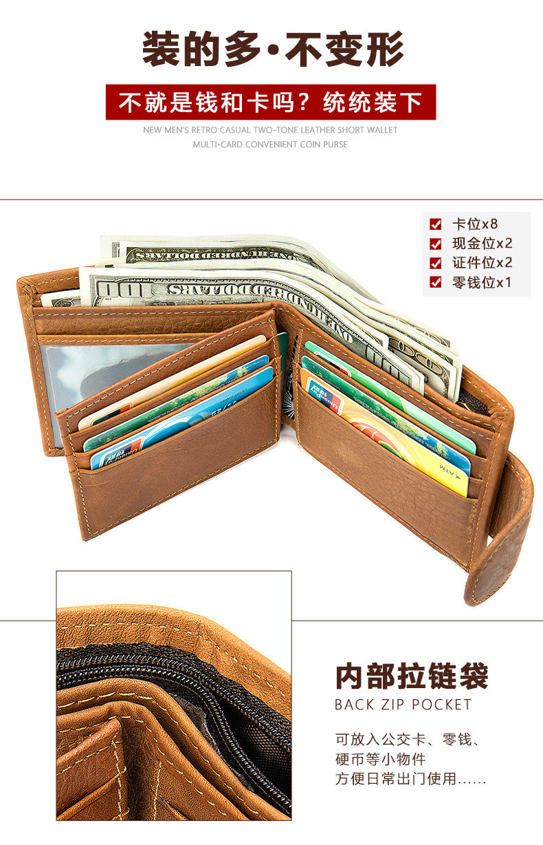 Men's Wallet, Cowhide, Genuine Leather, Thin Foldable, Coin Card Holder, Men's Wallet 