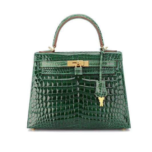 Women's Leather Tote Bag Siamese Crocodile Skin Handbag Kelly Bag