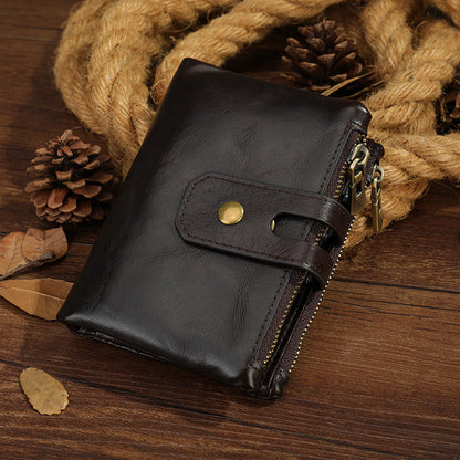 Men's short wallet, genuine cowhide leather, retro zipper, card holder, rfid anti-theft, large capacity, handbag for men 