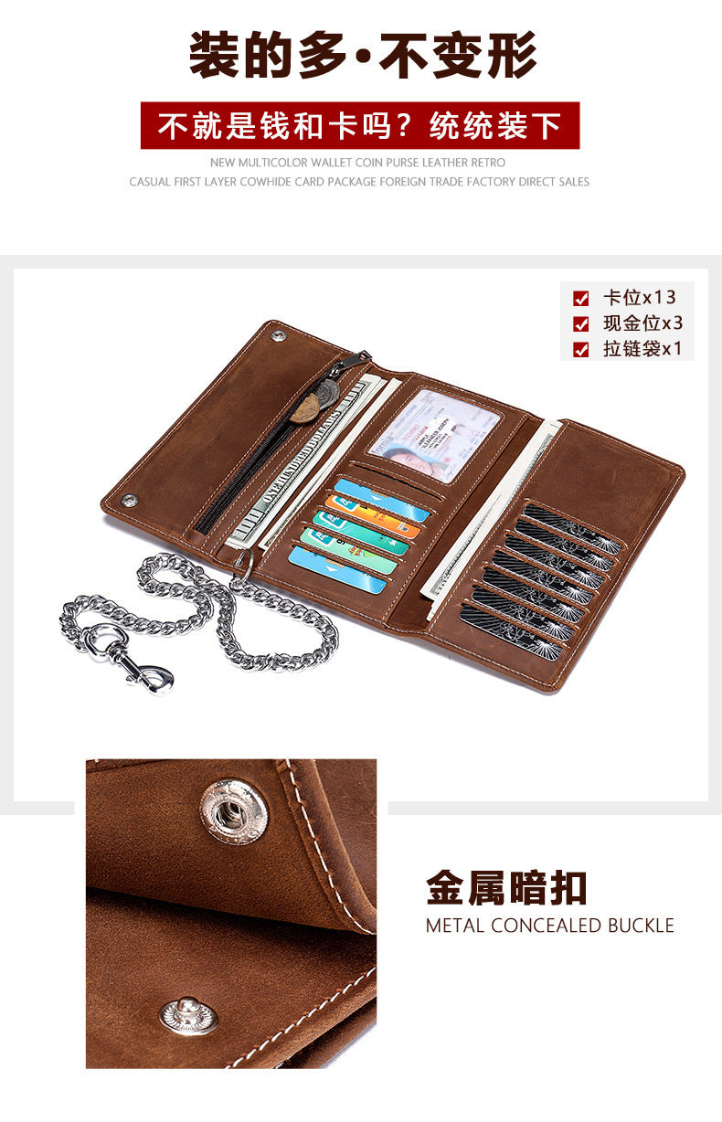 Men's Long Wallet, Cowhide, Genuine Leather, Retro Chain, Multi-Card Holder, Anti-Theft Wallet, Men's Wallet Wrist Bag 