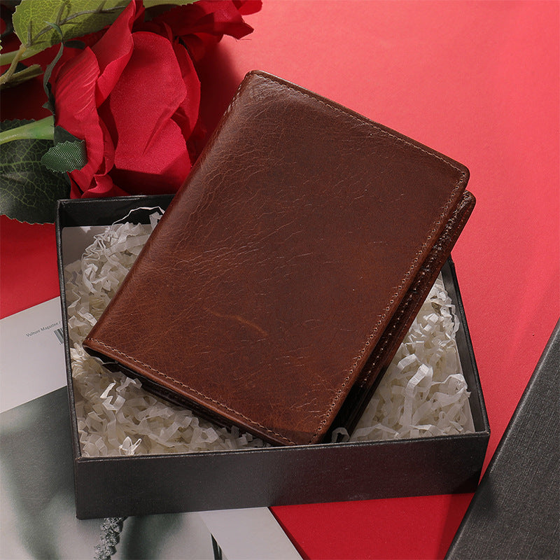 Men's Short Wallet Genuine Cowhide Leather RFID Anti-Theft Card Bag Retro Men's Wallet 