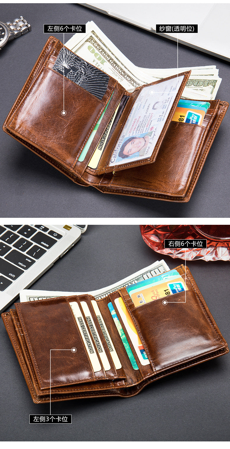 Men's Short Wallet Genuine Cowhide Leather RFID Anti-Theft Card Bag Retro Men's Wallet 