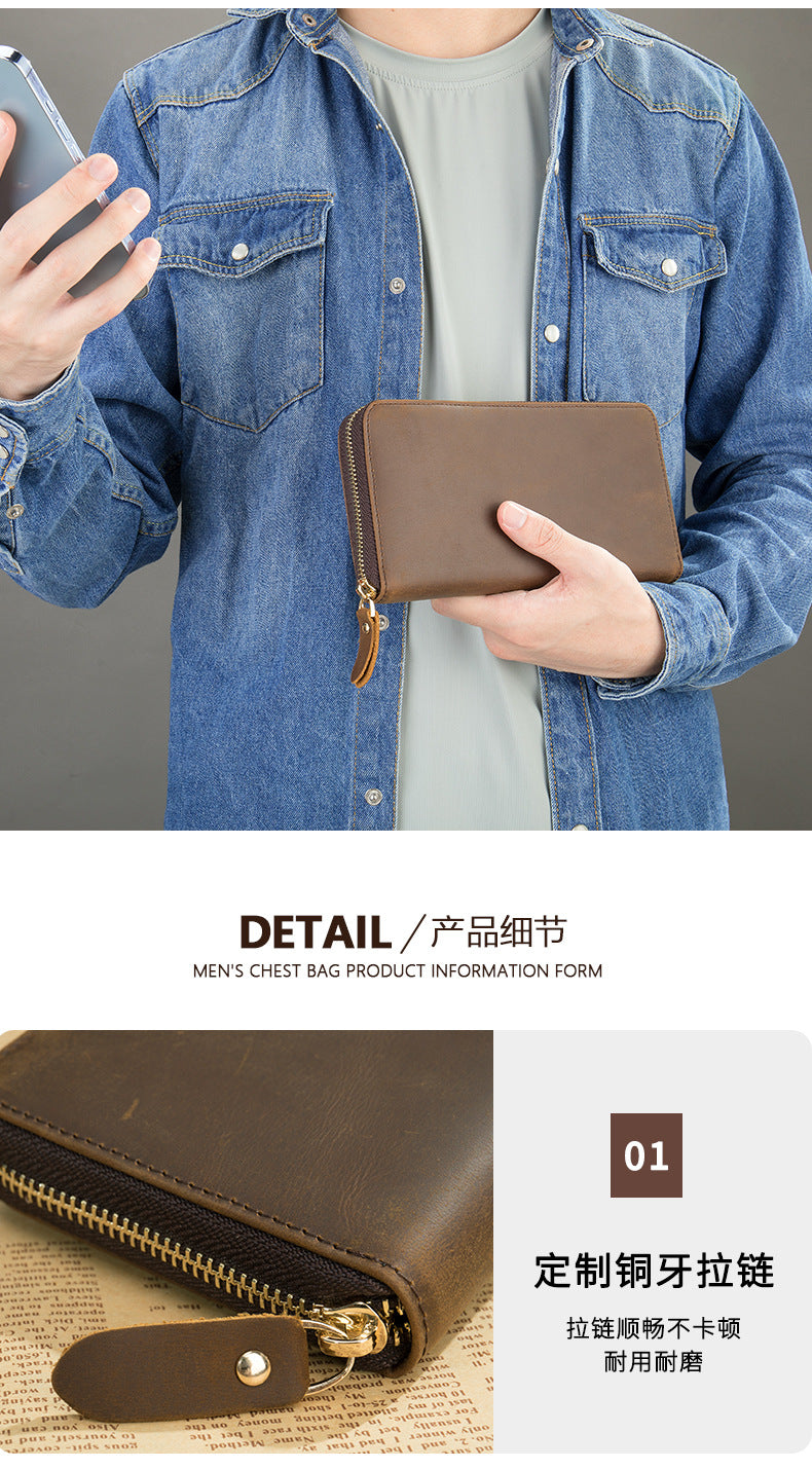 Men's long wallet Made of genuine cowhide leather Retro clutch bag Men's wallet 