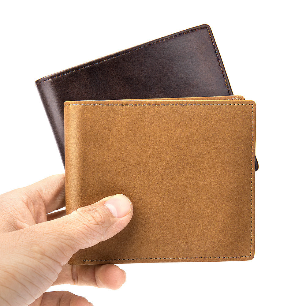 Men's short wallet genuine cowhide leather retro bi-fold card holder RFID anti-magnetic card bag 