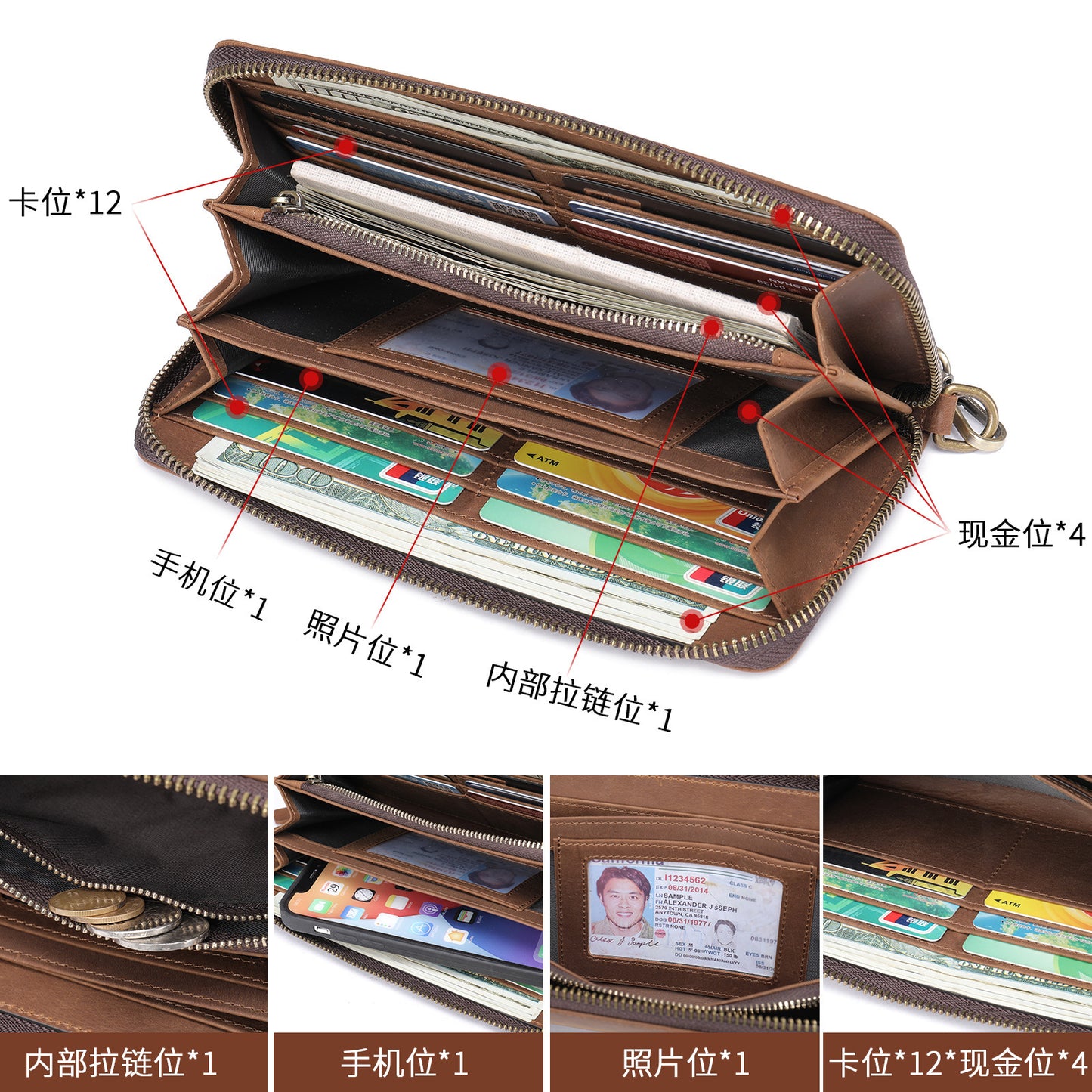 Men's Wallet Genuine Cow Leather Wallet Fashion Large Capacity Clutch Bag for Men 