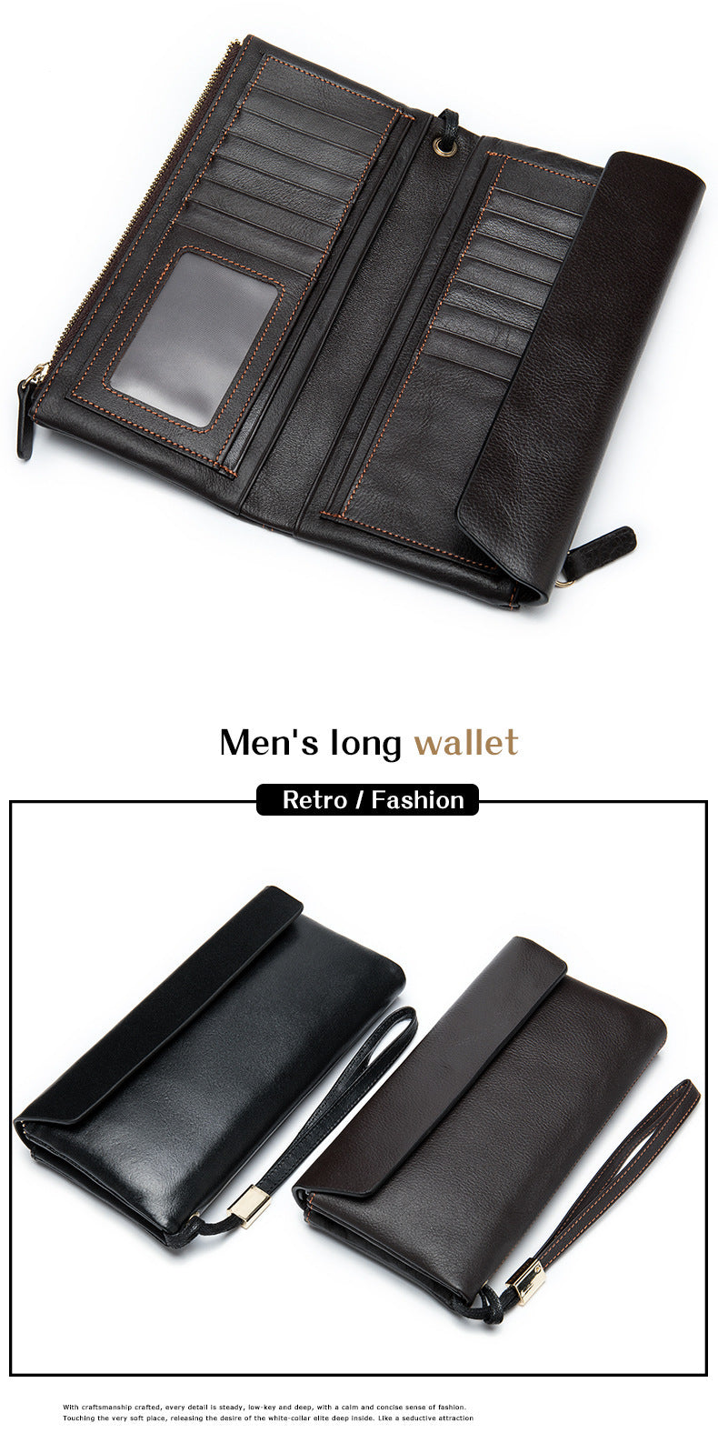 Men's Long Wallet Retro Genuine Cowhide Leather Large Capacity Card Holder RFID Anti-Theft Business Clutch Bag 