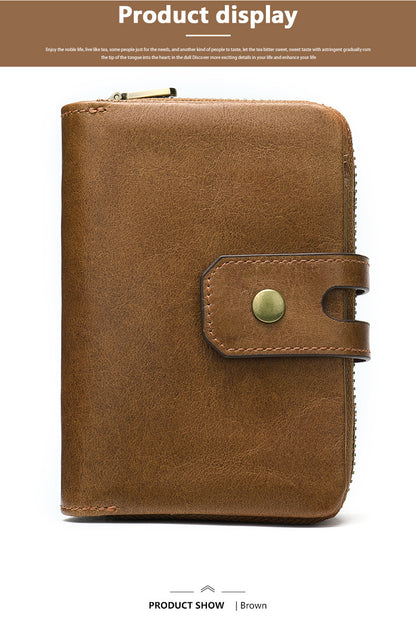 Men's short wallet, genuine cowhide leather, retro coin purse, anti-theft brush, zipper, unisex card bag 