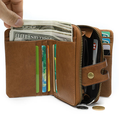 Men's short wallet, genuine cowhide leather, retro coin purse, anti-theft brush, zipper, unisex card bag 