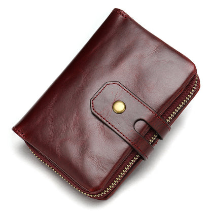 Men's short wallet, genuine cowhide leather, retro coin purse, anti-theft brush, zipper, unisex card bag 