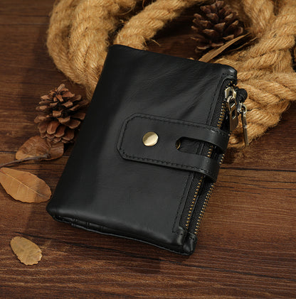 Men's short wallet, genuine cowhide leather, retro zipper, card holder, rfid anti-theft, large capacity, handbag for men 