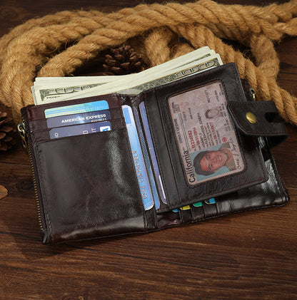 Men's short wallet, genuine cowhide leather, retro zipper, card holder, rfid anti-theft, large capacity, handbag for men 