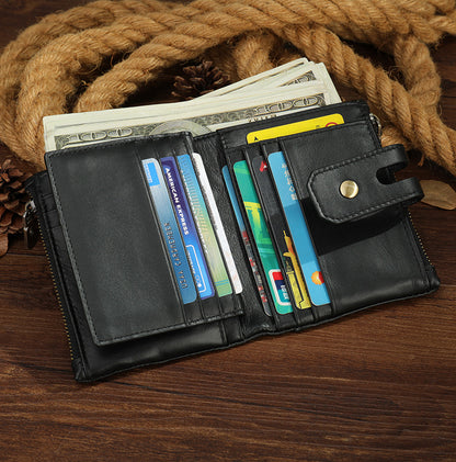 Men's short wallet, genuine cowhide leather, retro zipper, card holder, rfid anti-theft, large capacity, handbag for men 