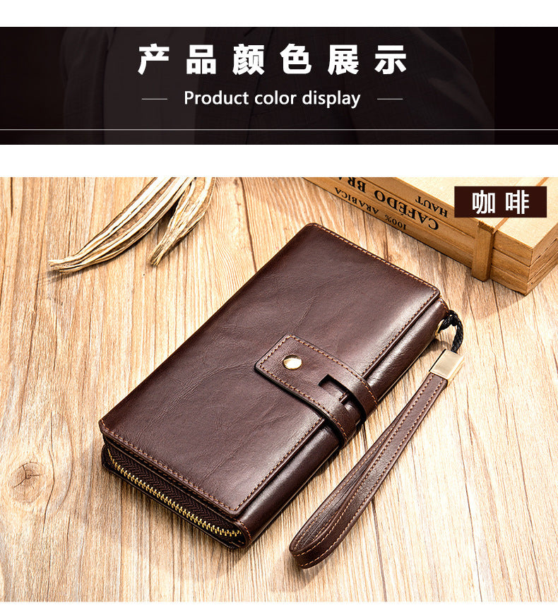 Men's long wallet, large capacity wallet, genuine cowhide leather, zipper clutch bag, handbag for men 