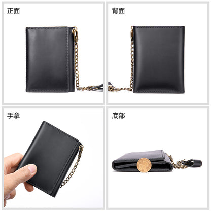 Men's short wallet made of genuine cowhide leather, retro chain, multi-functional, tri-fold, anti-theft, wallet for men 