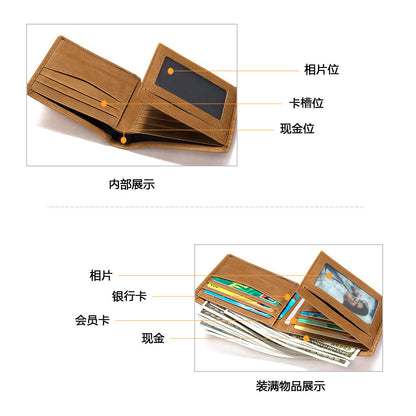 Men's short wallet genuine cowhide leather retro bi-fold card holder RFID anti-magnetic card bag 