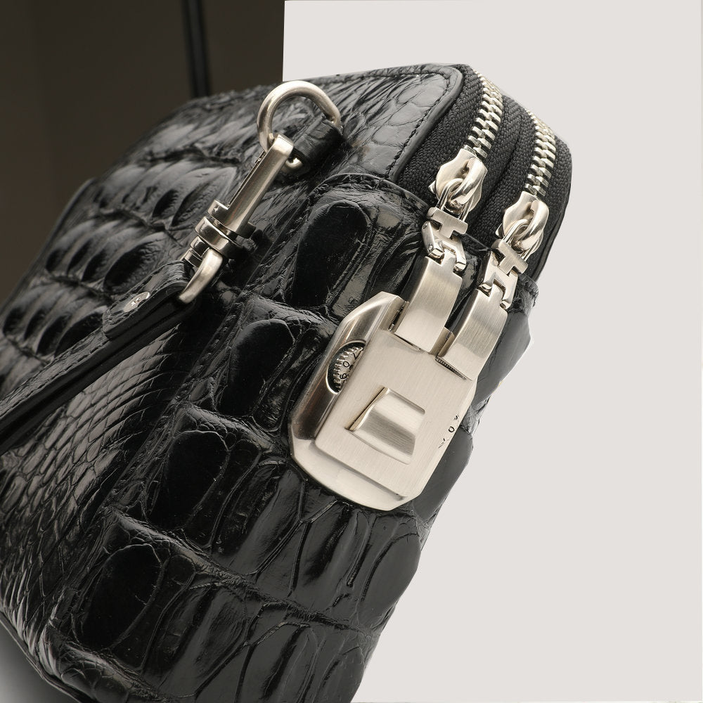 Crocodile Skin Genuine Leather Handbag Double Zipper Security Lock Privacy Protection Business Meeting Men's Bag 