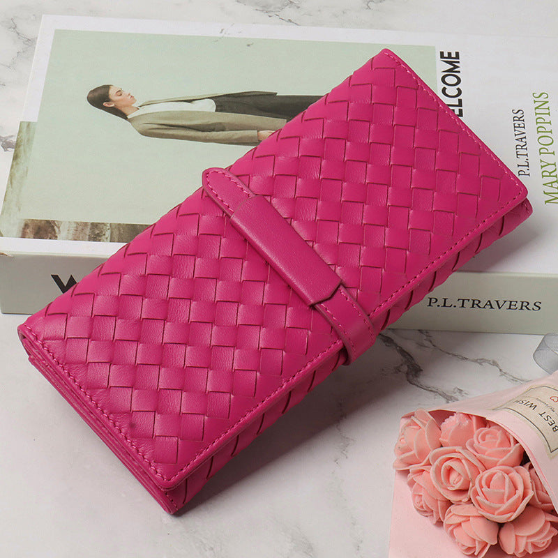 Women's long wallet handmade sheepskin woven tri-fold wallet genuine leather wallet fashion