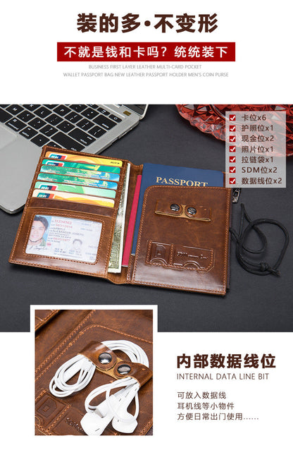 Men's Wallet Made of Genuine Cow Leather Retro Unique Fashion Card Holder Earphone Code Card Pocket 