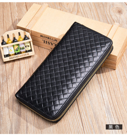 Men's long wallet made of cowhide genuine leather fashion plaid card holder zipper large capacity clutch bag men's wallet 